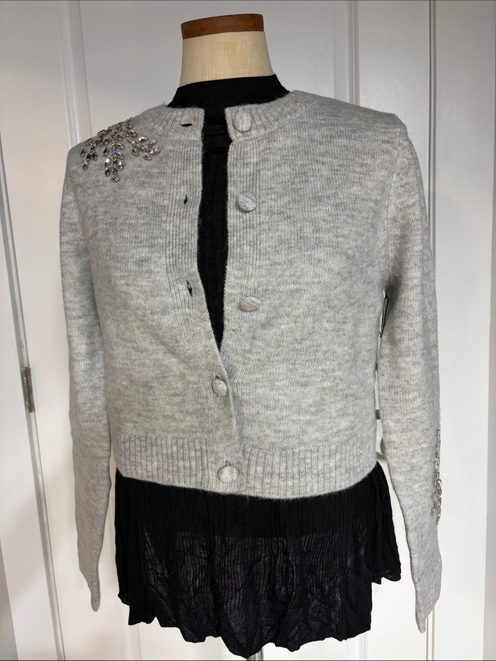 NVLT Light Gray Cropped Crewneck Cardigan with Crystal Embellishment